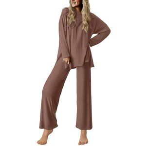 Soft Long Sleeve Lounge Set Comfy Pajamas Two Piece Travel Outfit